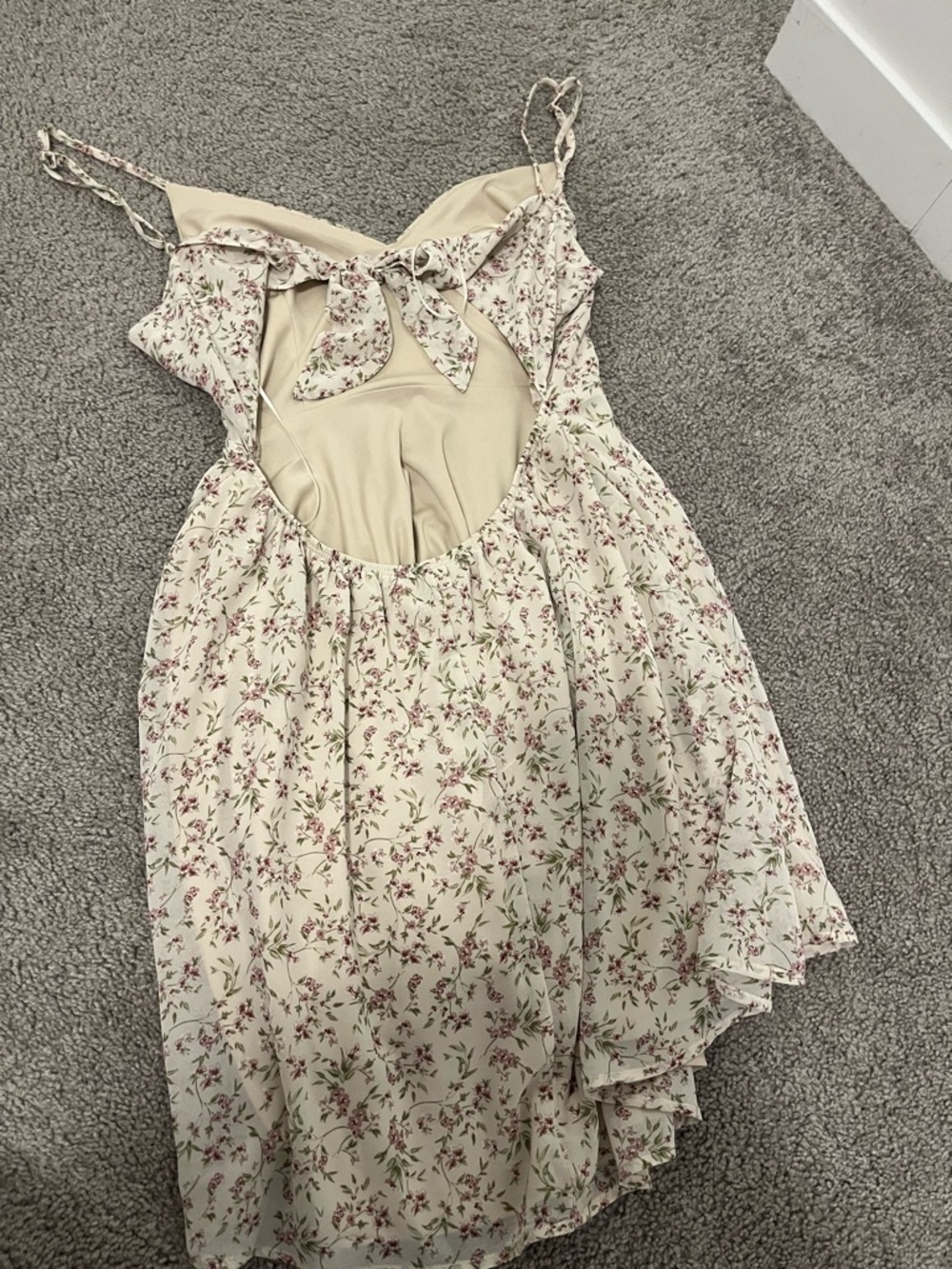 Floral Spaghetti Strap Swing Dress - Cream with Pink/Green Floral